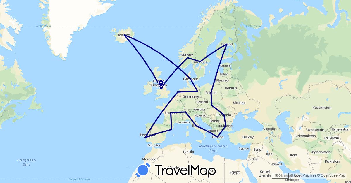 TravelMap itinerary: driving in Bulgaria, Switzerland, Germany, Denmark, Spain, Finland, France, United Kingdom, Greece, Iceland, Italy, Netherlands, Norway, Poland, Portugal, Romania, Sweden, Slovakia (Europe)
