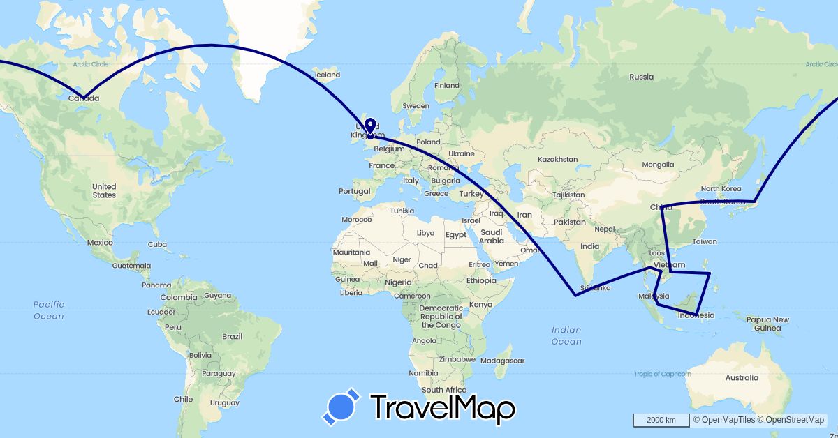 TravelMap itinerary: driving in Canada, China, United Kingdom, Indonesia, Japan, Cambodia, South Korea, Sri Lanka, Maldives, Malaysia, Philippines, Singapore, Thailand, Vietnam (Asia, Europe, North America)